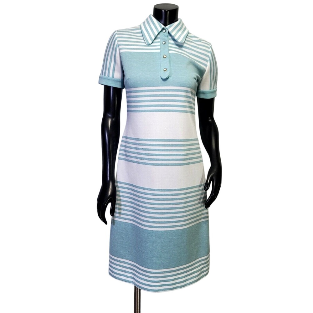 Vintage 70s Leslie Fay Knits Blue White Striped Polo Shift Dress Short‎ Sleeve